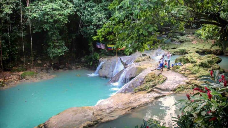 view of the waterfalls and blue hole attraction near Ocho Rios Jamaica