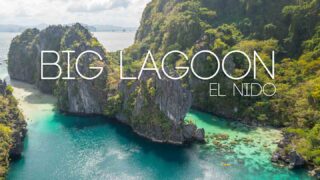 Feature Image with white text over of a drone photo of the Big Lagoon - El Nido