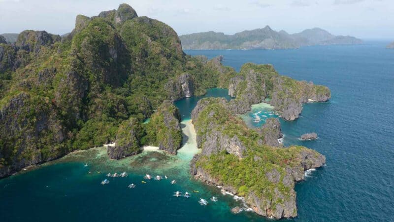 Distant view of Miniloc Island showing both Big and Small Lagoons of El Nido