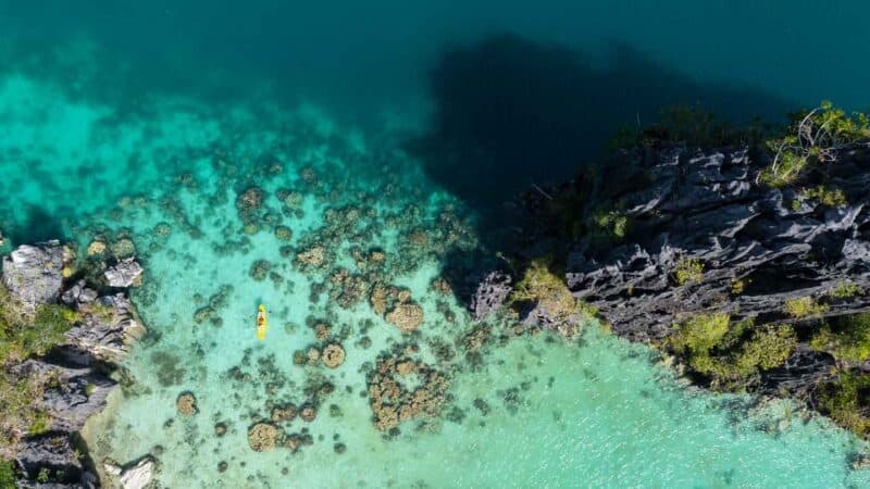 Straight down aerial view of a kayaker in the Big Lagoon