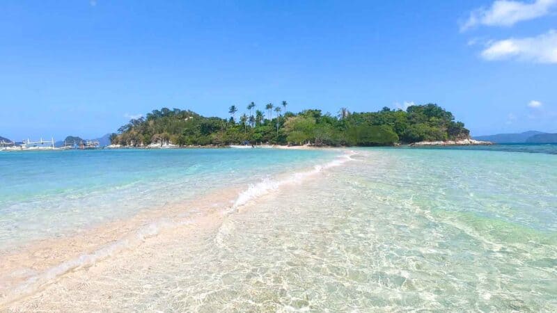 view of snake island from the end of the sand bar in El Nido