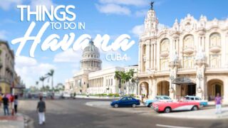 Image of El Capitolio, or the National Capitol Building in Havana with a busy street in the foreground - with text 