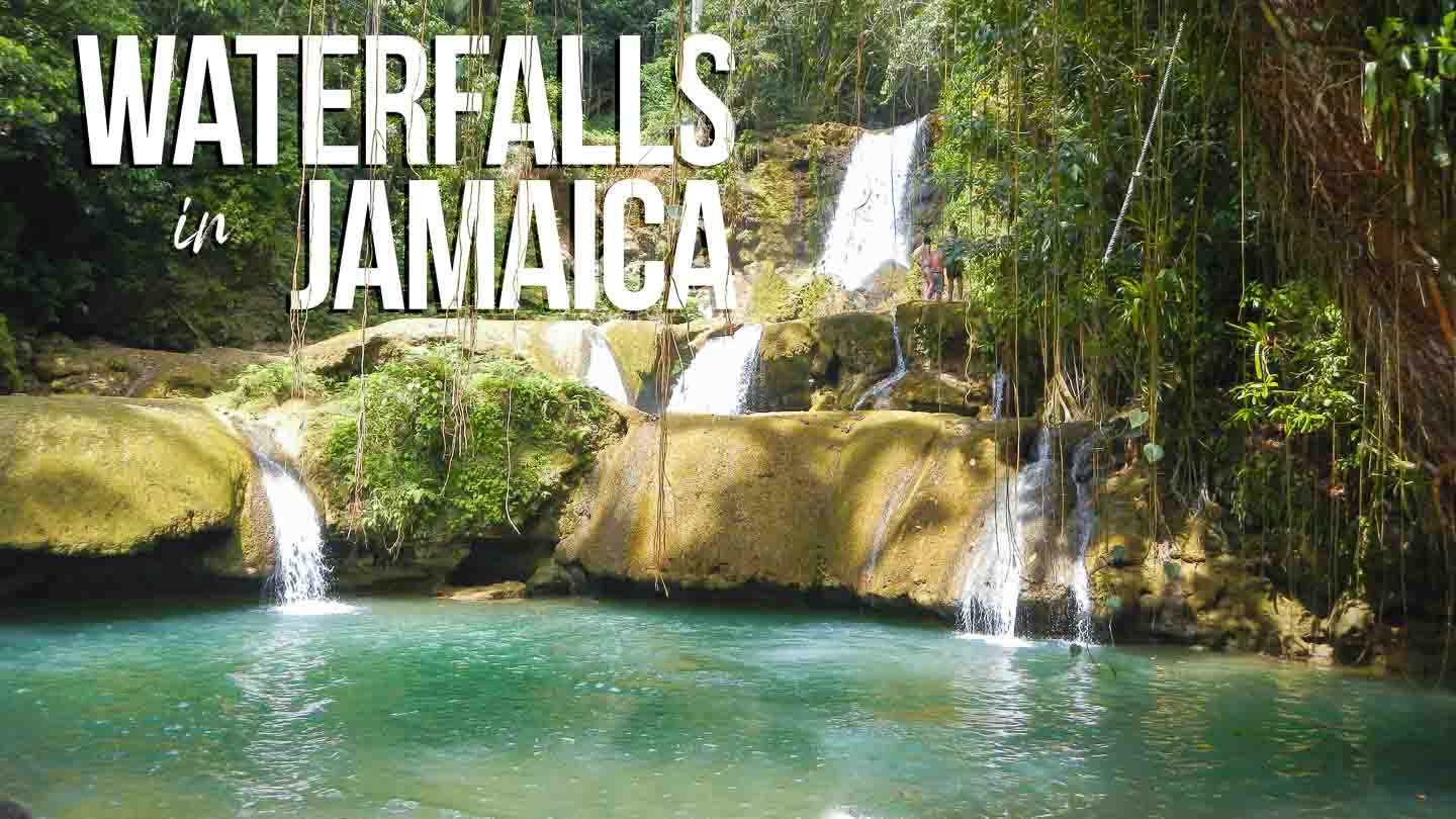 Panorama View of YS Falls one of the best waterfalls in Jamaica surrounded by lush jungle - featured image with white text