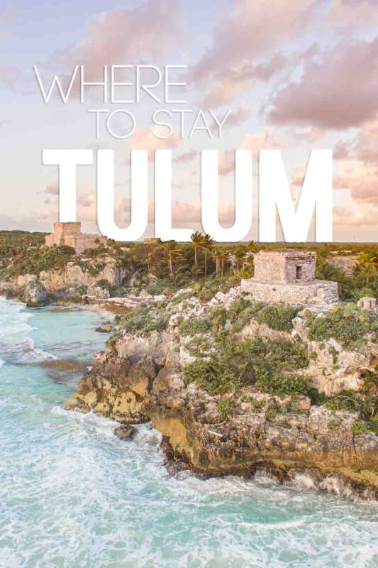 Aerial photo of the Tulum Ruins at sunrise - Pinterest Pin for Where to stay in Tulum Mexico