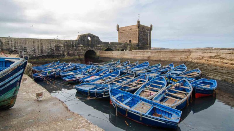 Blue boats floating in the sea in front of old fort in Essaouria - Places to visit in Morocco