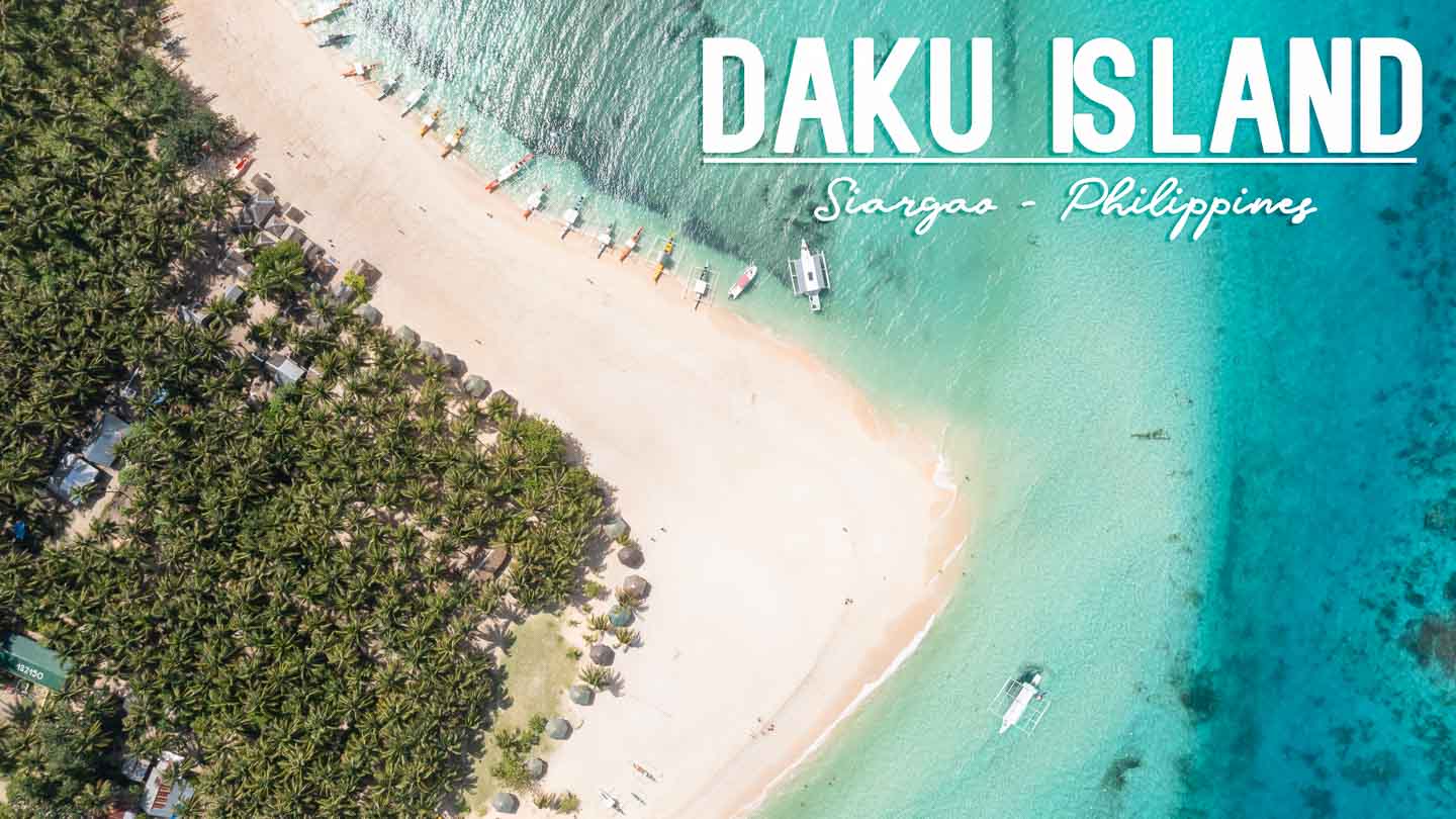 top down drone photo of Daku Island near Siargao Philippines - with white text over image