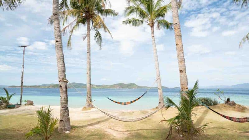 Hammocks hanging in Palm trees on Banana Island - Coron