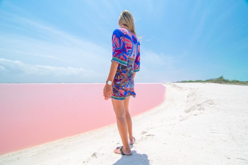 woman standing at the Mexico Pink Lakes in Las Coloradas