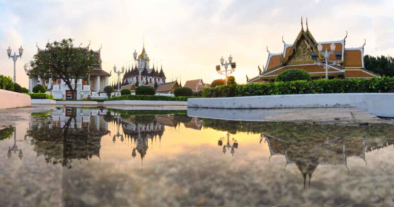 Reflection view of Wat Ratchanaddaram Worawihan also known as the metal palace Bangkok