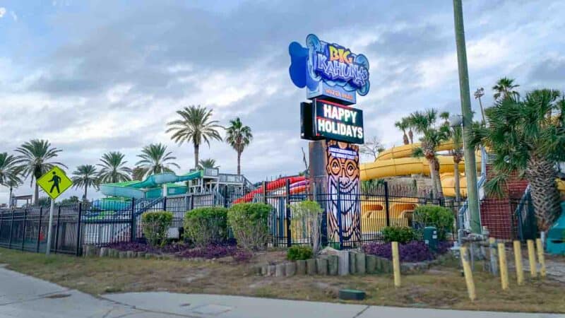 A view of the sign and waterslides at Big Kahuna's Water Park