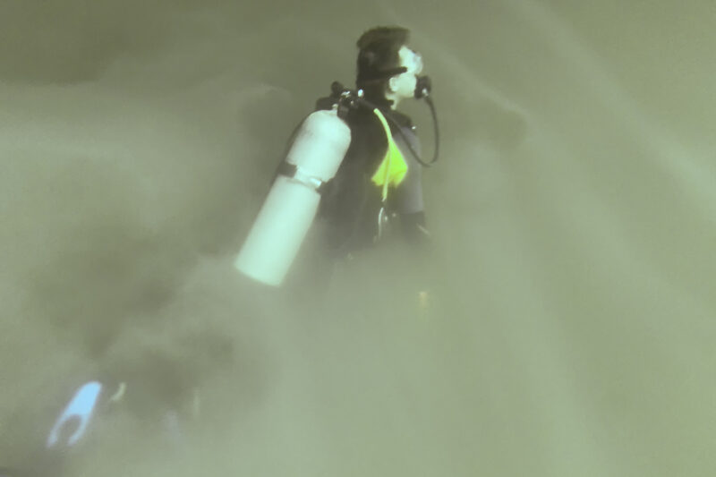a diver copletely emmersed in the hydrogen sulfide cloud of cenote angelita