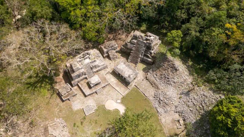 Drone photo of Plaza del entrada of Muyil ruins