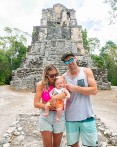 family of 3 at the mayan pyramid of Muyil Ruins