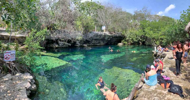 panoramic view of the open topped cenote and swimming area of Cenote Cristalino