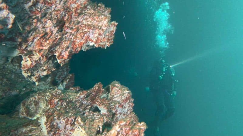 Diver with a light diving in Cenote Angelita near a jagged pink rock of the sinkhole wall