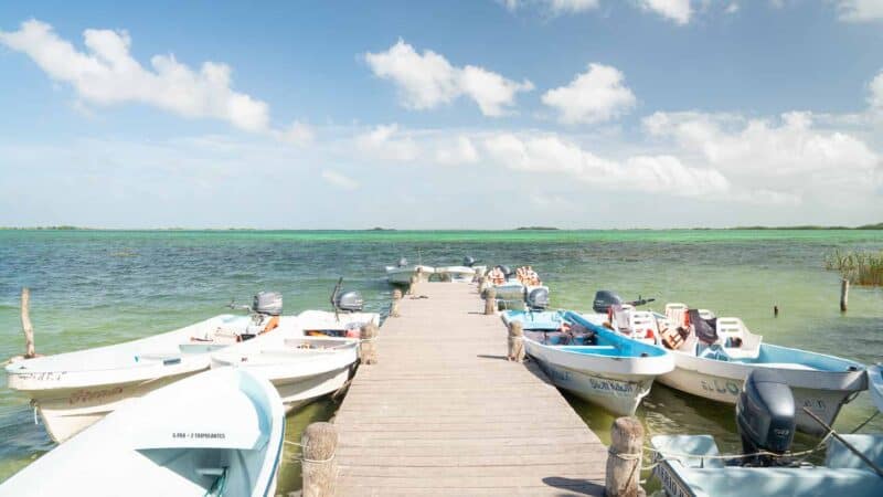 boat dock streched into the Muyil Lagoon with boat docked