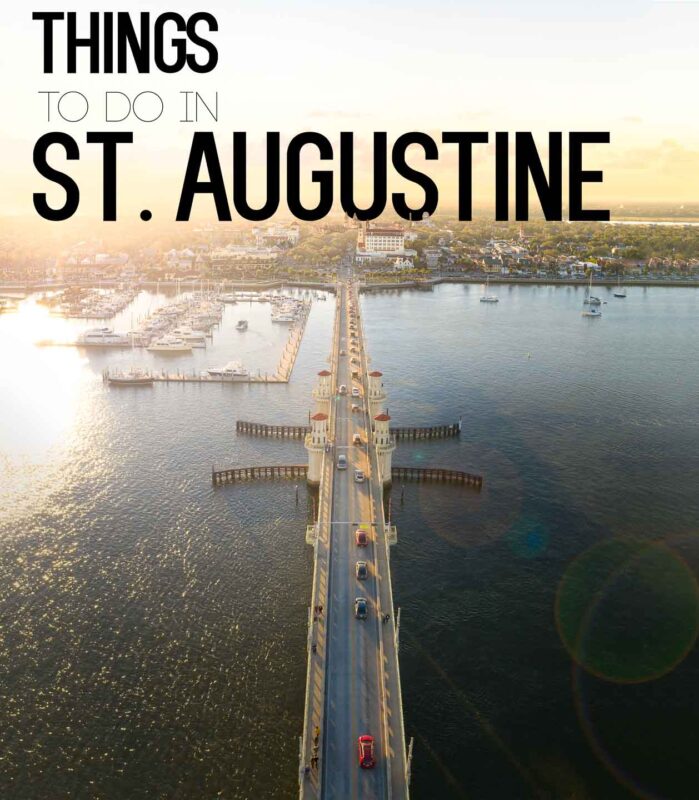 pin for thing s to do in St. Augustine - Aerial photo over the bridge of lions looking back at the old city with black text over