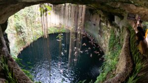 View from the viewing platform of Cenote Il Kil - perfectly circular and lush cenote in Mexico