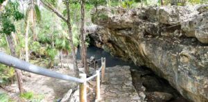 Stairs down to the opening of the cenote named Chac-Mool near Playa Del Carmen