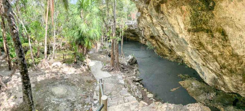 view of Chac-Mool Cenote before diving - narrow opening of cenote surrounded by jungle