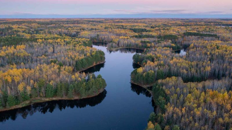 Aerial View of Eagle River at sunset showing waterways surreounded by fall colors - top Wisconsin places to visit