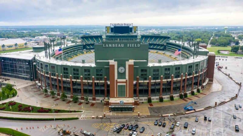 Aerial Drone view of Lambeau Field in Green Bay WI