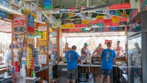 view of the inside of Scott's Brats beach side bratwurst shack in Aruba