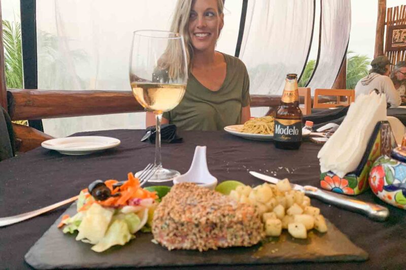 Tuna steak and wine at Casa Nostra roof top restaurant in Holbox