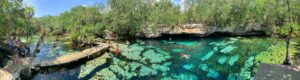 Panoramic view of Cenote Azul showing the open top swimming area