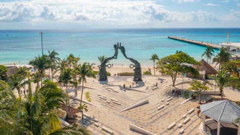 Aerial drone photo of Parque Funadores park - copper statues and lively market in park - Top Playa del Carmen attractions 