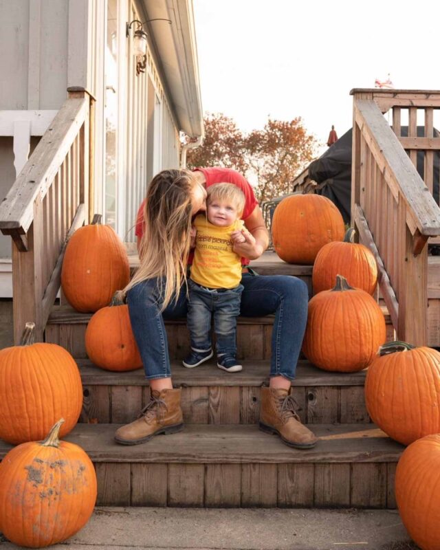 Mom and Son with pumpkins