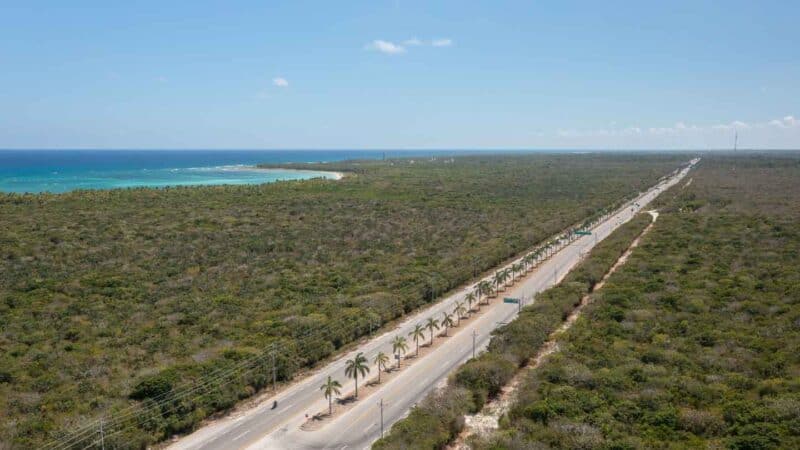 the road to Playa Xcacel Beach in Mexico