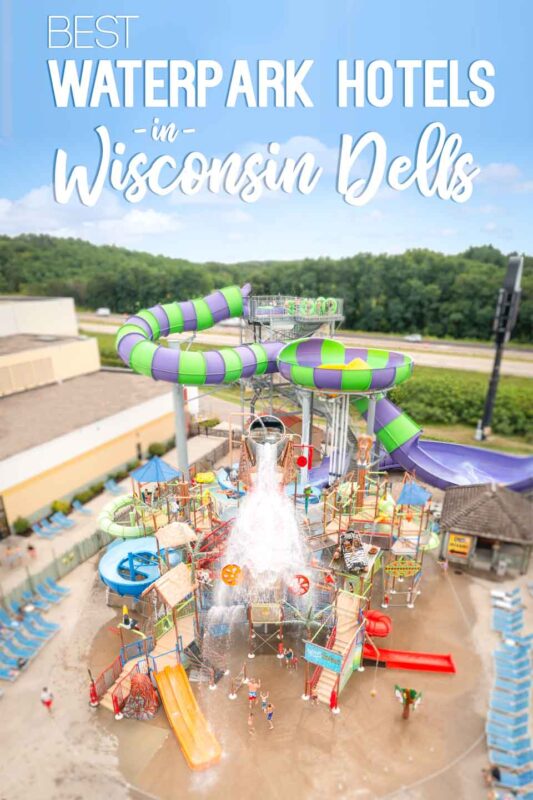 water slides at an outdoor waterpark hotel in Wisconsin Dells - Pin