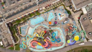 high drone photo of the slides and lazy river at the Outdoor waterpark of the Kalahari in Wisconsin Dells