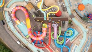 top down drone phot of the Kalahari resort outdoor water park with many colorful slides