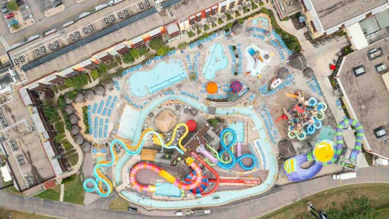 Top Down Aerial Photoof the Outdoor Waterpark hotel at the Kalahari Waterpark Resort