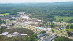 Aerial drone photo of Mt Olympus waterpark hotel in the Wisconsin Dells, WI