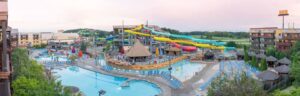 Panorama photo of the Kalahari Resort Outdoor water park as seen from a hotel room