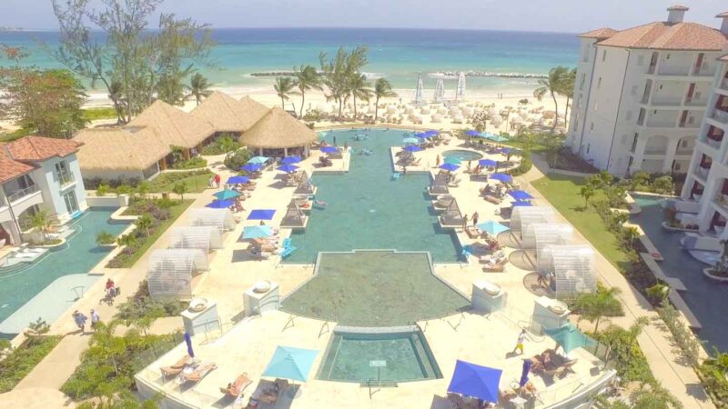 Drone photo of Sandals Royal Barbados Pool looking out on to the beach