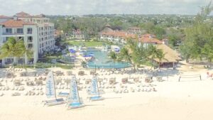 Drone View of Sandals Royal Barbados from the beach looking on to the property and pool