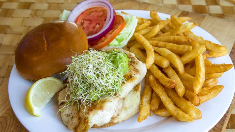 grouper sandwich and fries at Palm Pavilion restaurant in Clearwater