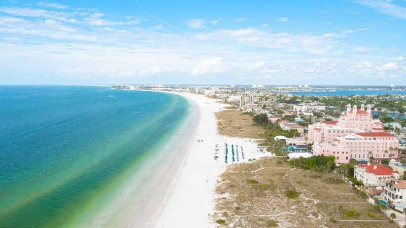 Aerial view of St Petersburg Beach with pink Don Cesar hotel and white sand beach near Disney World