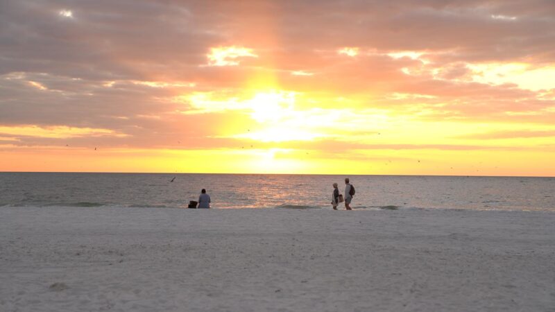 couple on sunset beach walking during a vibrant sunset - Top things to do in St Petersburg FL 