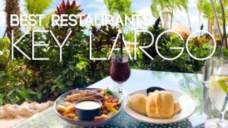 two plates of food at one of the best restaurants in Key Largo surrounded by a tropical garden