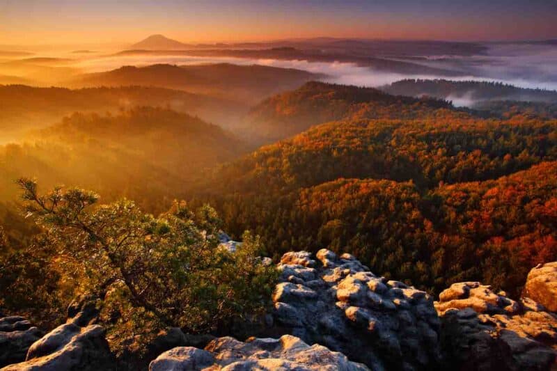 sunset over the Bohemian Switzerland National Park in Czech Republic