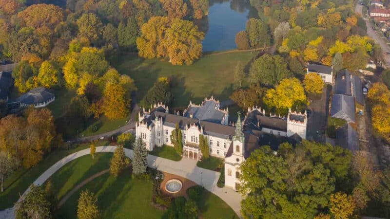 Aerial Drone view of Brunszvik Castle Martonvásár, Hungary