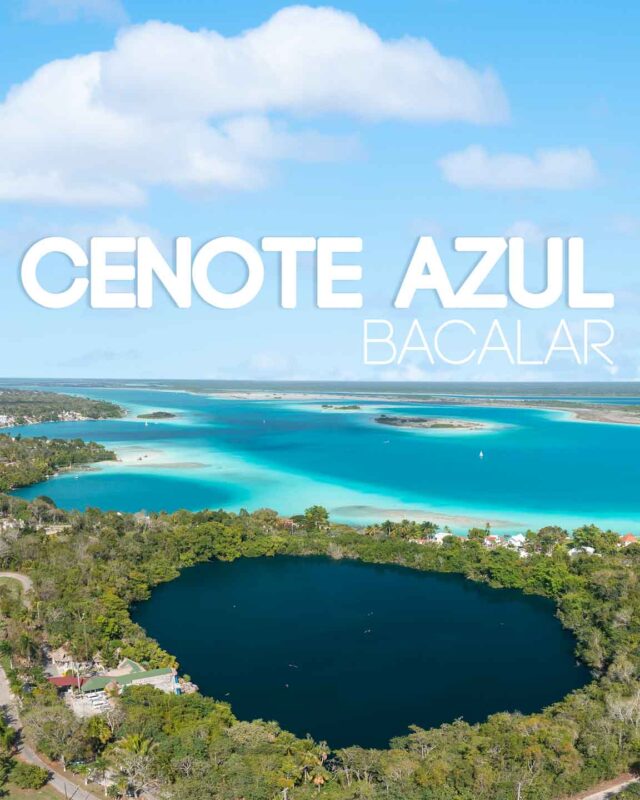 Aerial drone view of Cenote Azul the blue sinkhole of Laguna Bacalar