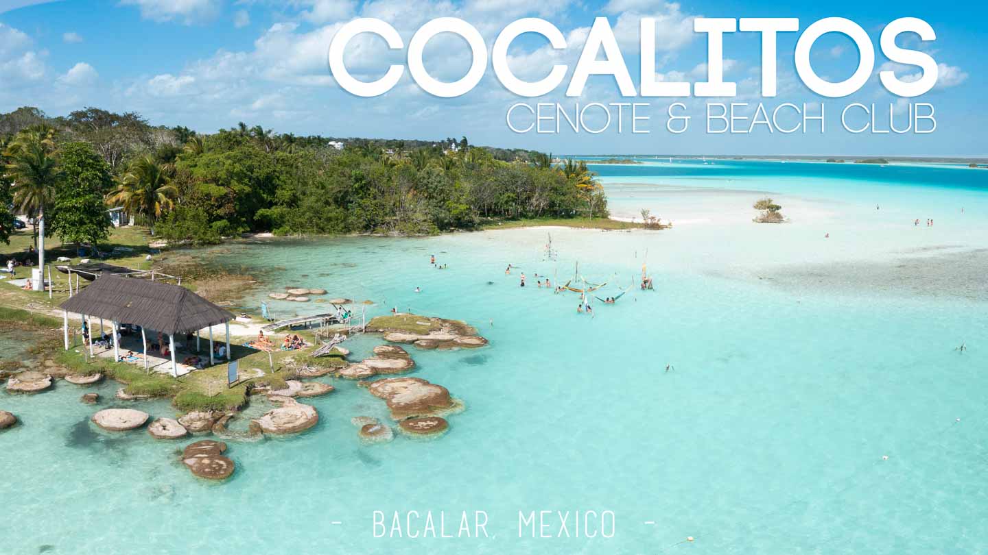 Aerial drone phot of Cenote Cocalitos showing the Stromatolites and beach club - featured image with text