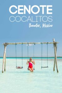 woman in a red swimsuit swinging over the water at Cocalitos in Bacalar - Pin