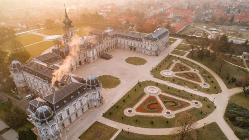 Drone view of Festetics Palace Baroque Castle in Hungary